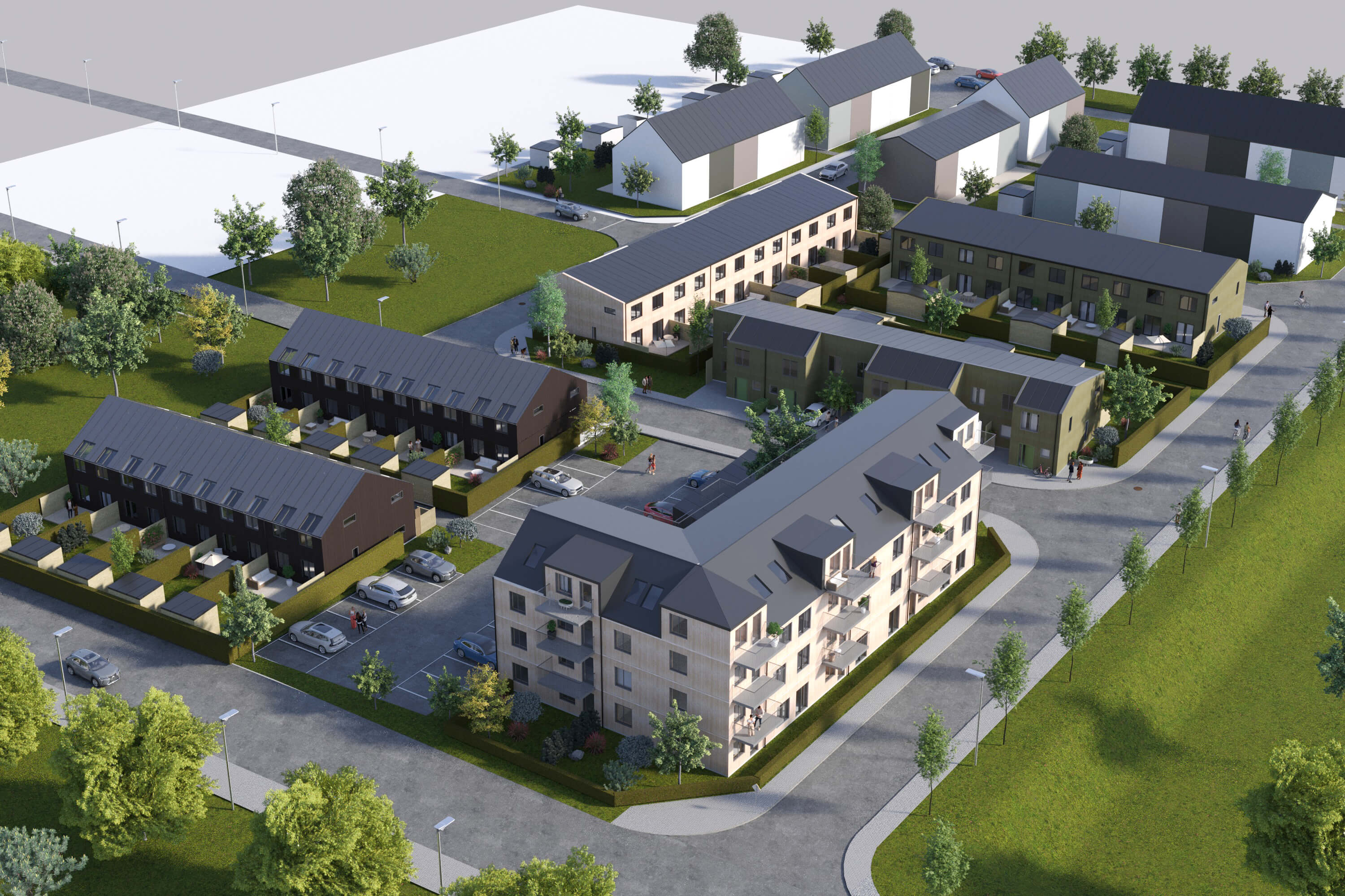 översiktsbild bostadsområde med radhus och lägenhetshus