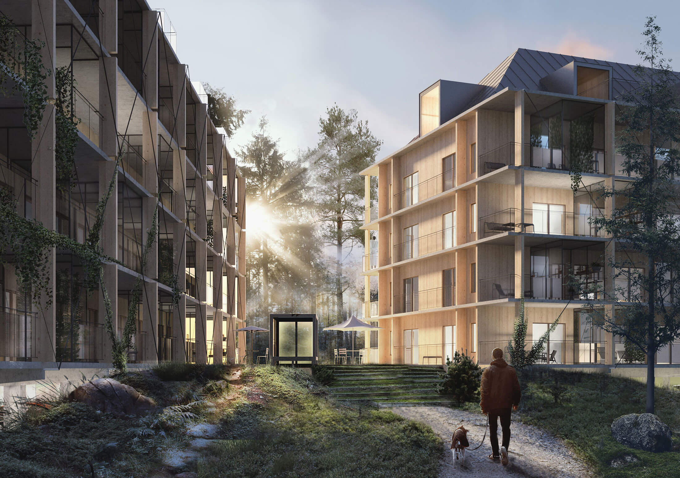 gatuvy över villa och gångbana